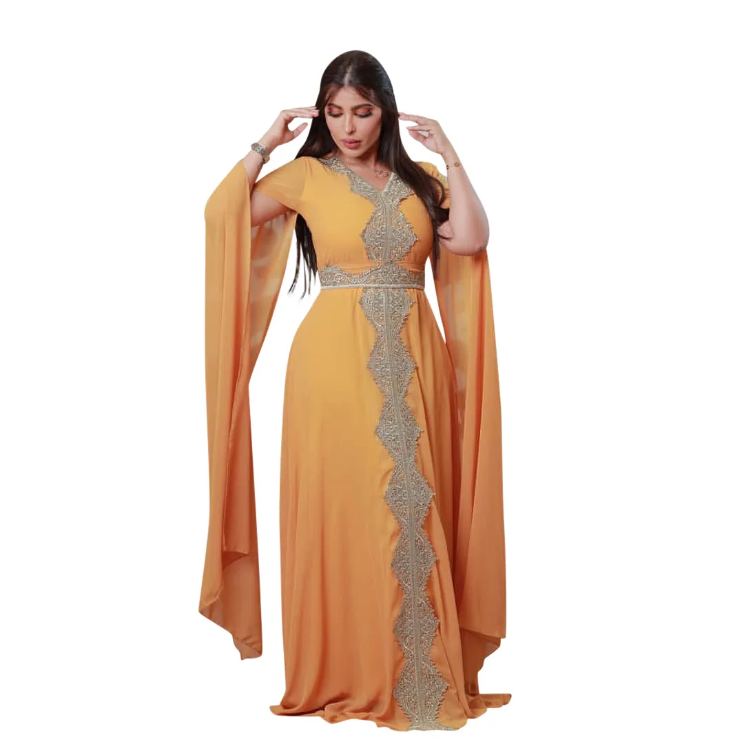 Summer 2023 Women's Clothing New Muslim Gown Embroidered Chiffon Dubai Abaya Arab Islamic Women with Belt Evening Dress Ramadan