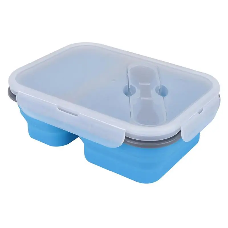 

Collapsible Bento Box Two Grid Silicone Lunch Box Large Portion Reusable Silicone Food Storage Container Microwave Dishwasher