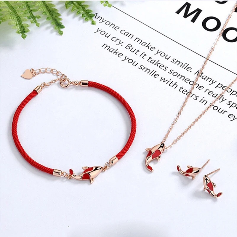 

Three-piece Lucky Koi Bracelet Necklace Earrings Peace Red Rope Natal Year Braided Hand Rope Girlfriend Jewelry Wholesale