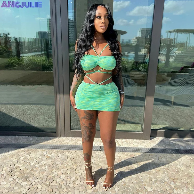 

Женский комплект из двух предметов Angjulie, сексуальный облегающий топ с лямкой на шее и обтягивающая юбка-футляр, Женский Пляжный наряд
