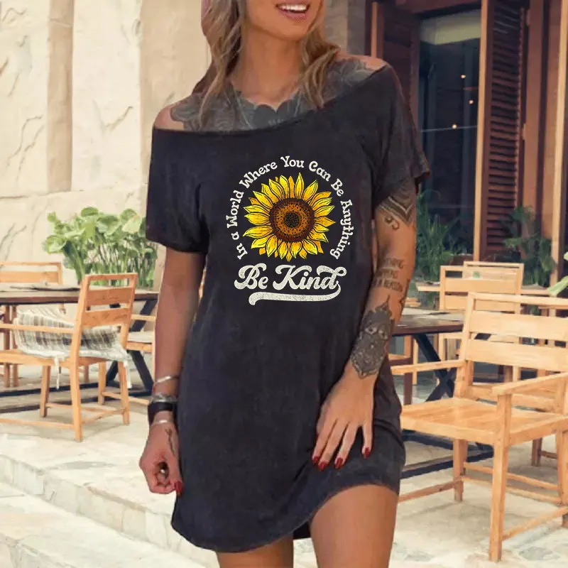 

A-Line Summer Dress Be Kind Printed Vintage Women Dress Ladies Short Sleeve Off Shoulder Cotton Mini Dress