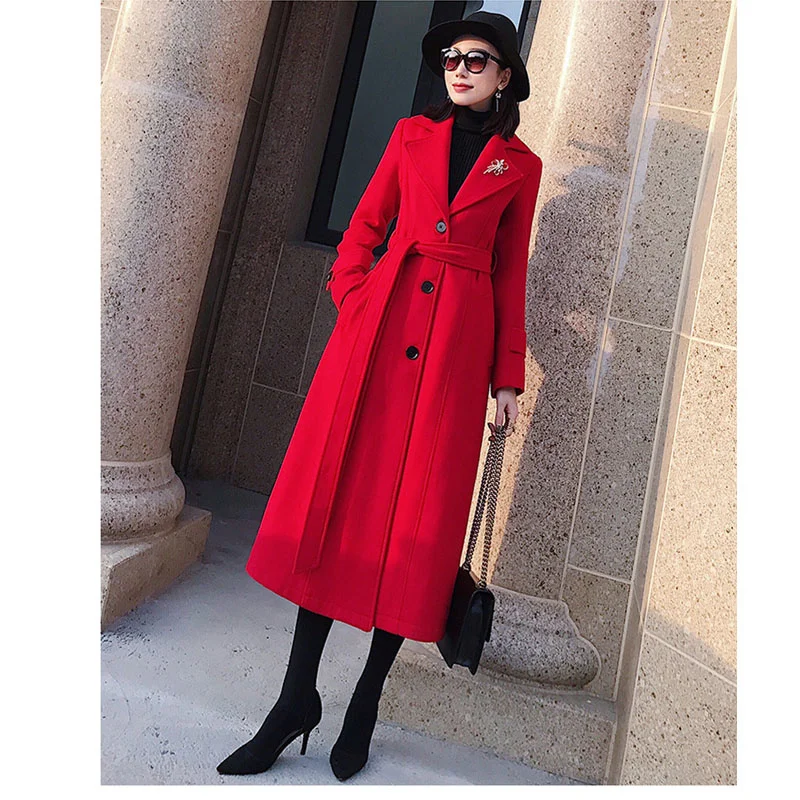 breasted over the knee Double Woolen coat female Military style winter thick was thin cashmere warm woolen coats with belt F257