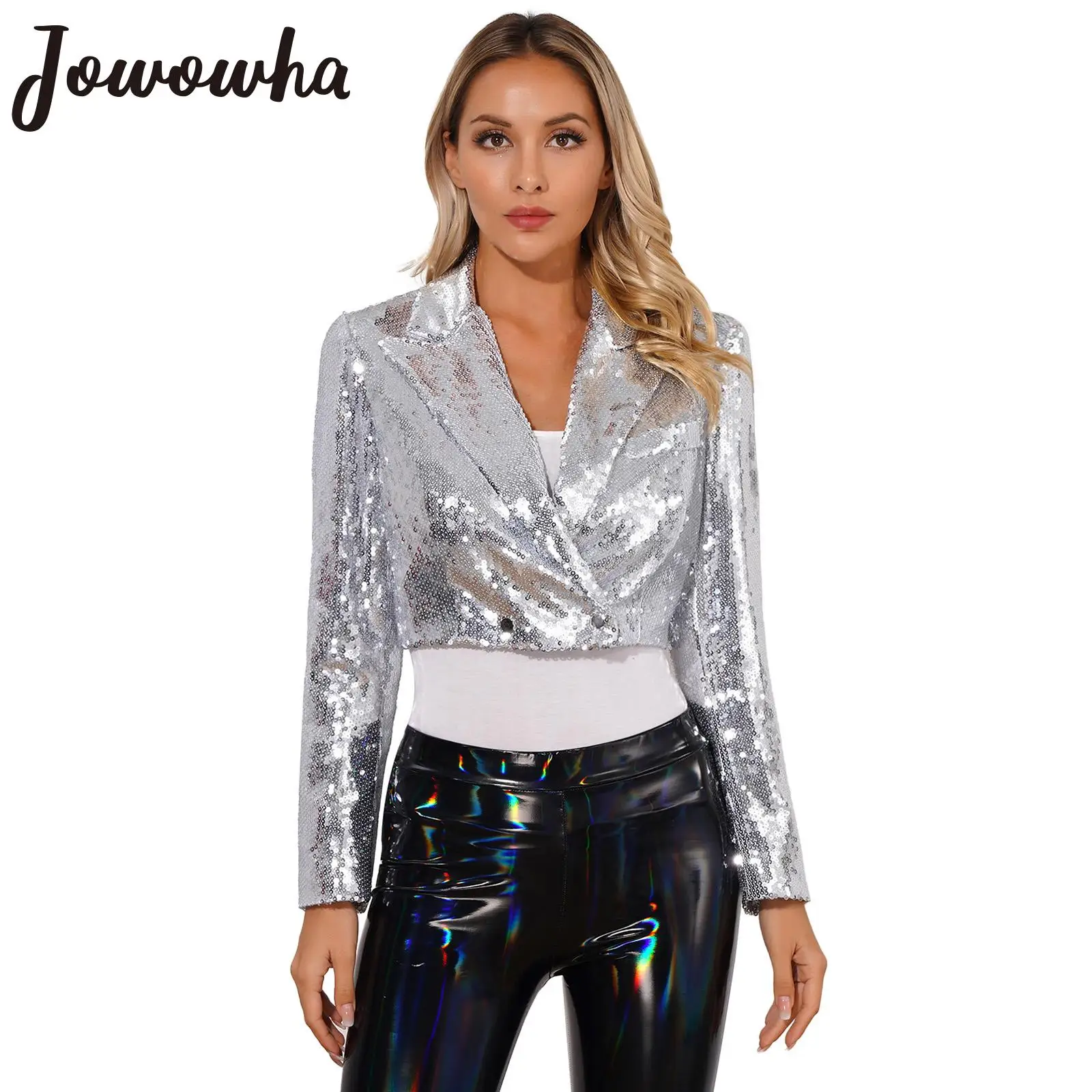 

Женский Блестящий Блейзер, укороченная куртка с заостренным воротником и длинным рукавом, верхняя одежда на подкладке, карнавальный женский блейзер для джазовых танцев и клубов