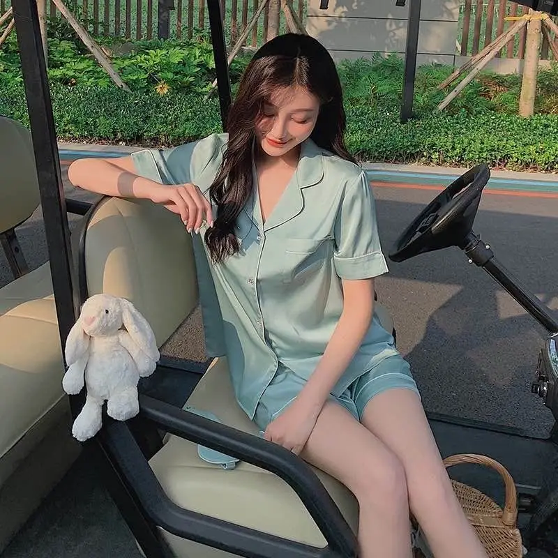 Diamond button ice silk pajamas summer short sleeve shorts solid color home clothes silk two-piece set