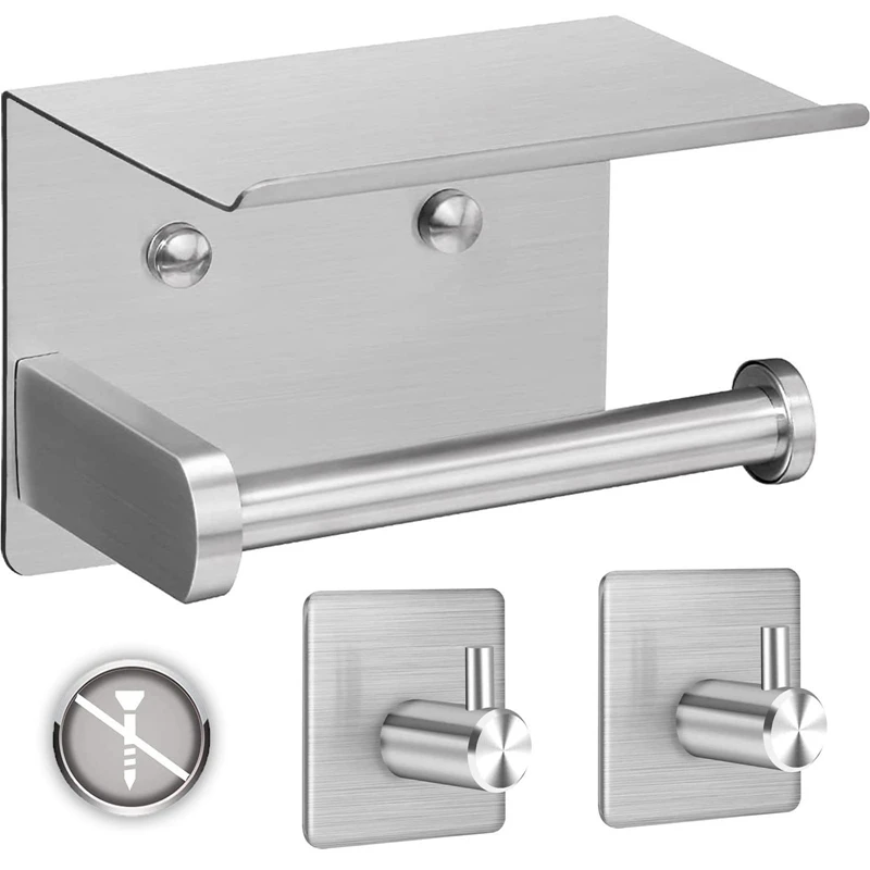 

Toilet Paper Holder Without Drilling, Self-Adhesive Toilet Paper Holder With 2 Towel Hooks, Wall Mounting Toilet Holder