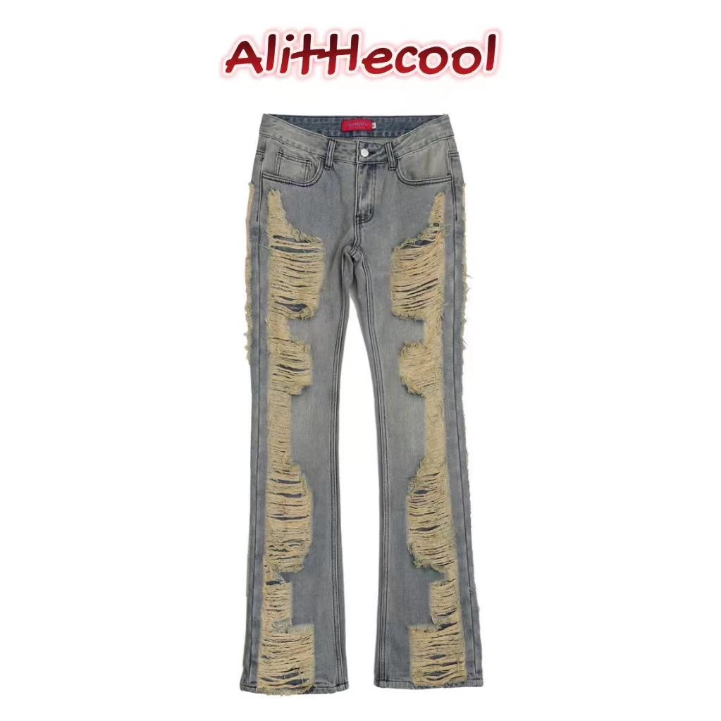 

Мужские свободные джинсы-багги в стиле хип-хоп, рваные расклешенные джинсы с дырками, высококачественные брюки, повседневные модные прямые джинсовые брюки с карманами