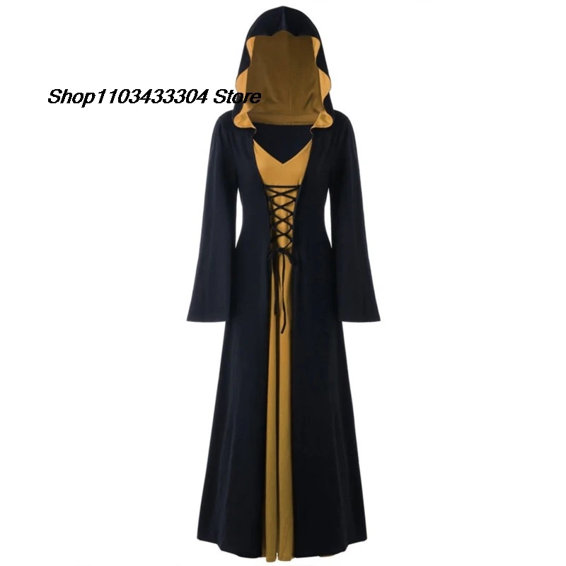 Женское винтажное платье с капюшоном длинное в средневековом стиле со шнуровкой