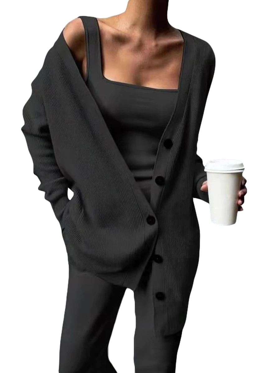 

Женский осенний костюм-тройка Scriardv, облегающий топ на бретельках, длинные брюки, кардиган с V-образным вырезом на пуговицах, наборы одежды для отдыха (темно-серый XXL)
