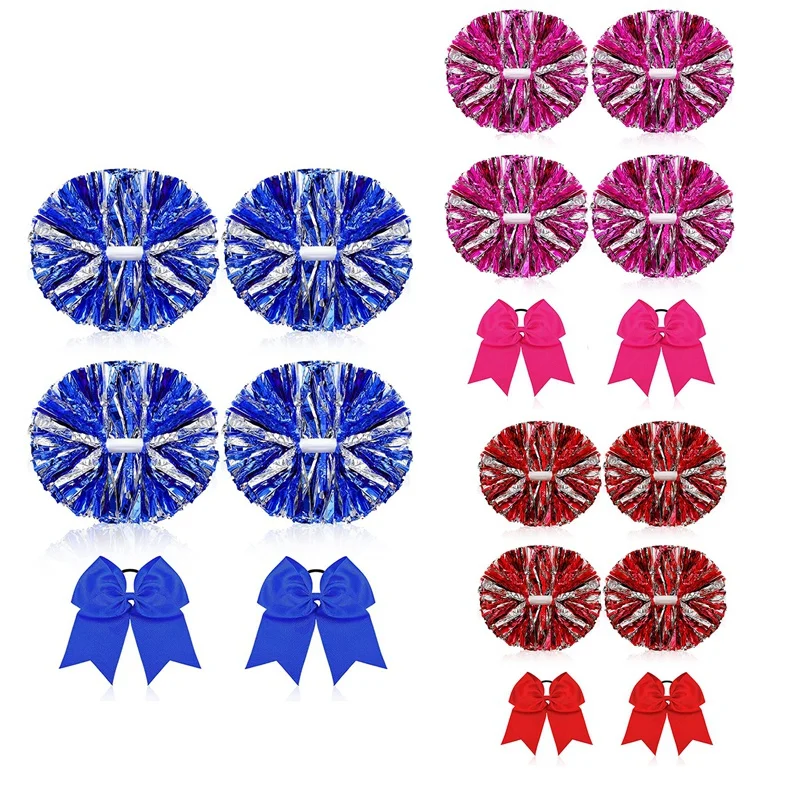 

6 Pcs 13 Inch Cheerleading Pom Poms And Big Bow, Suitable For Girls' Cheerleading Poms, Metal Poms And Handles