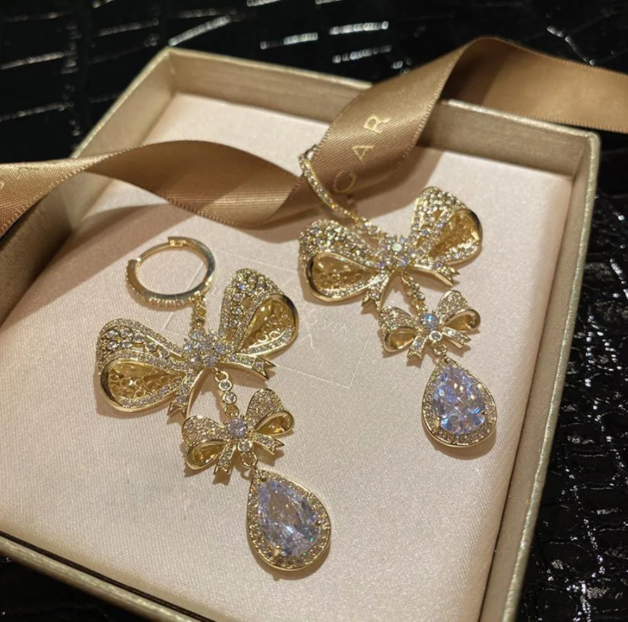 

Gold bow water drop pendant earrings sweet romance fashion full gem super flash luxury gorgeous women wedding fine jewelry