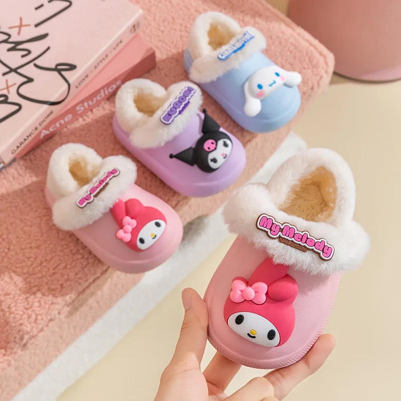 

Sanrio Hello Kitty Kuromi Winter Shoes Cute Thickened Thermal Shoes Girl Cartoon Kawaii Plush Warm Waterproof House Kid Slippers