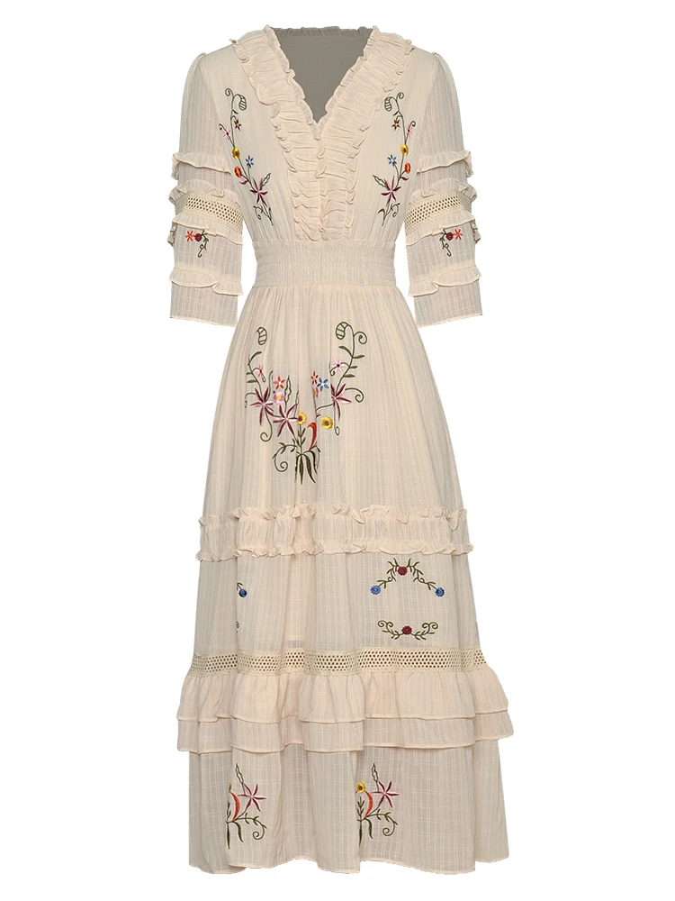

New Designer Fashion Summer High Quality Women's Vintage Elegant Chic Casual Party Vacation V Neck Embroidered Midi Dress