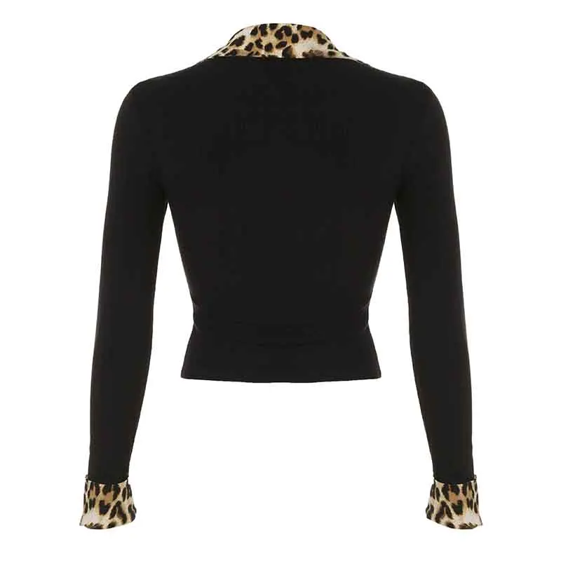 Sweetown Леопардовые блузки с отложным воротником и пуговицами женские длинными
