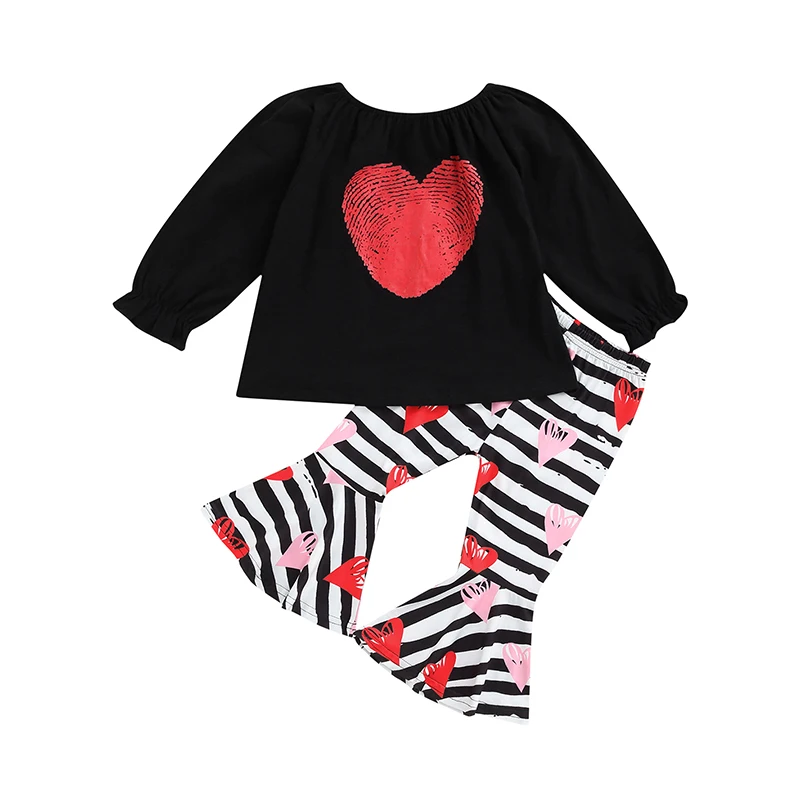 

Детский костюм из двух предметов, топ с круглым вырезом и длинными рукавами и расклешенные брюки в полоску для девочек, детская одежда