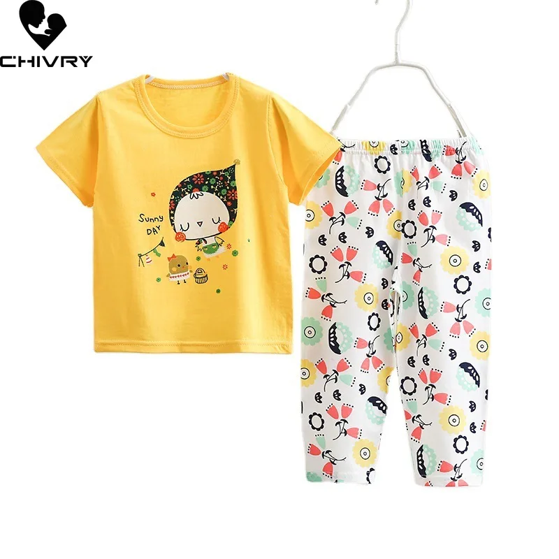

New 2022 Kids Boys Clothing Sets Summer Cartoon Print Short Sleeve O-Neck Cute T-Shirt Tops with Pants Baby Girls Pajamas Sets