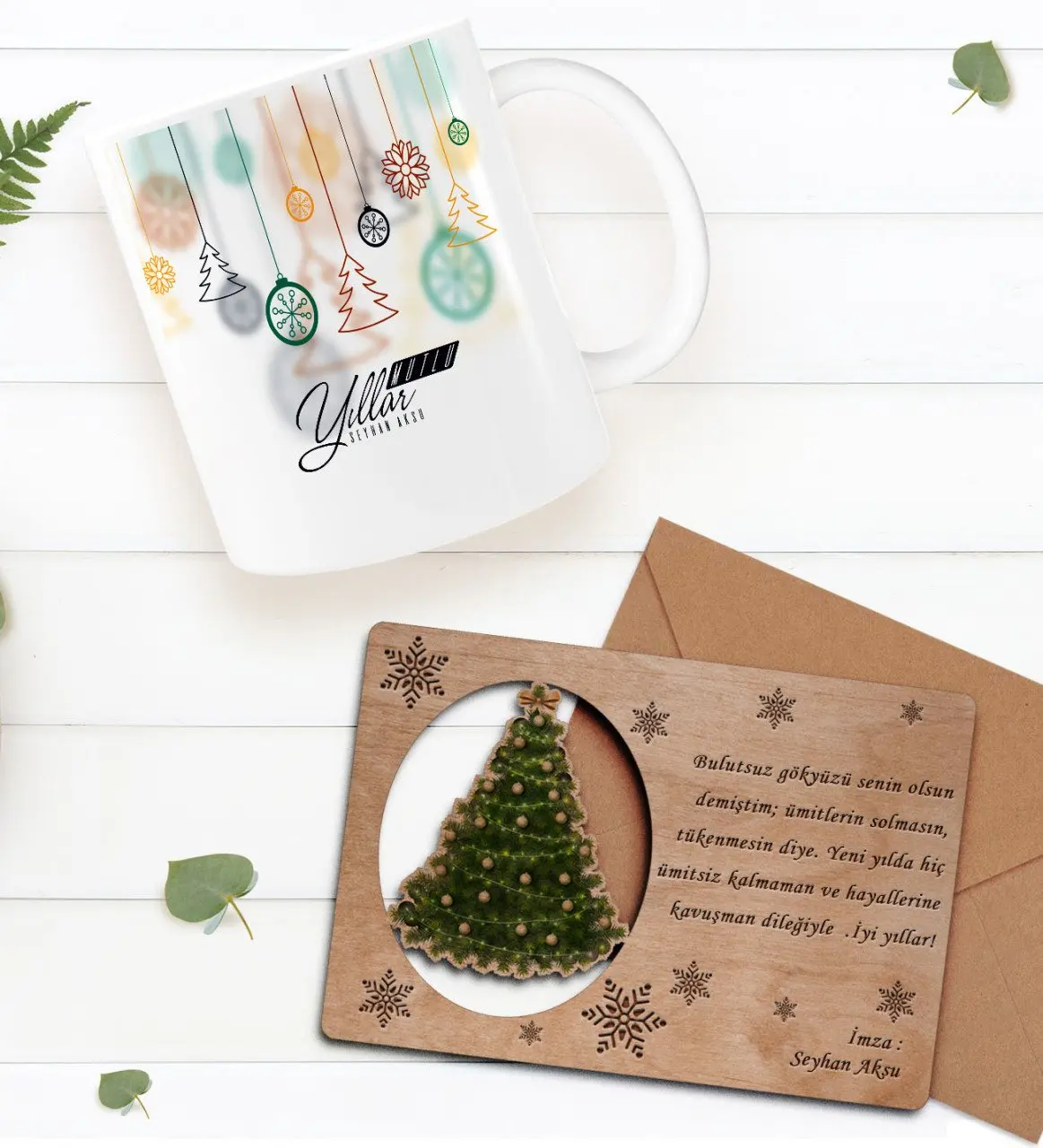 

Персонализированная новогодняя кружка-чашка и Деревянная Рождественская поздравительная открытка в стиле ретро