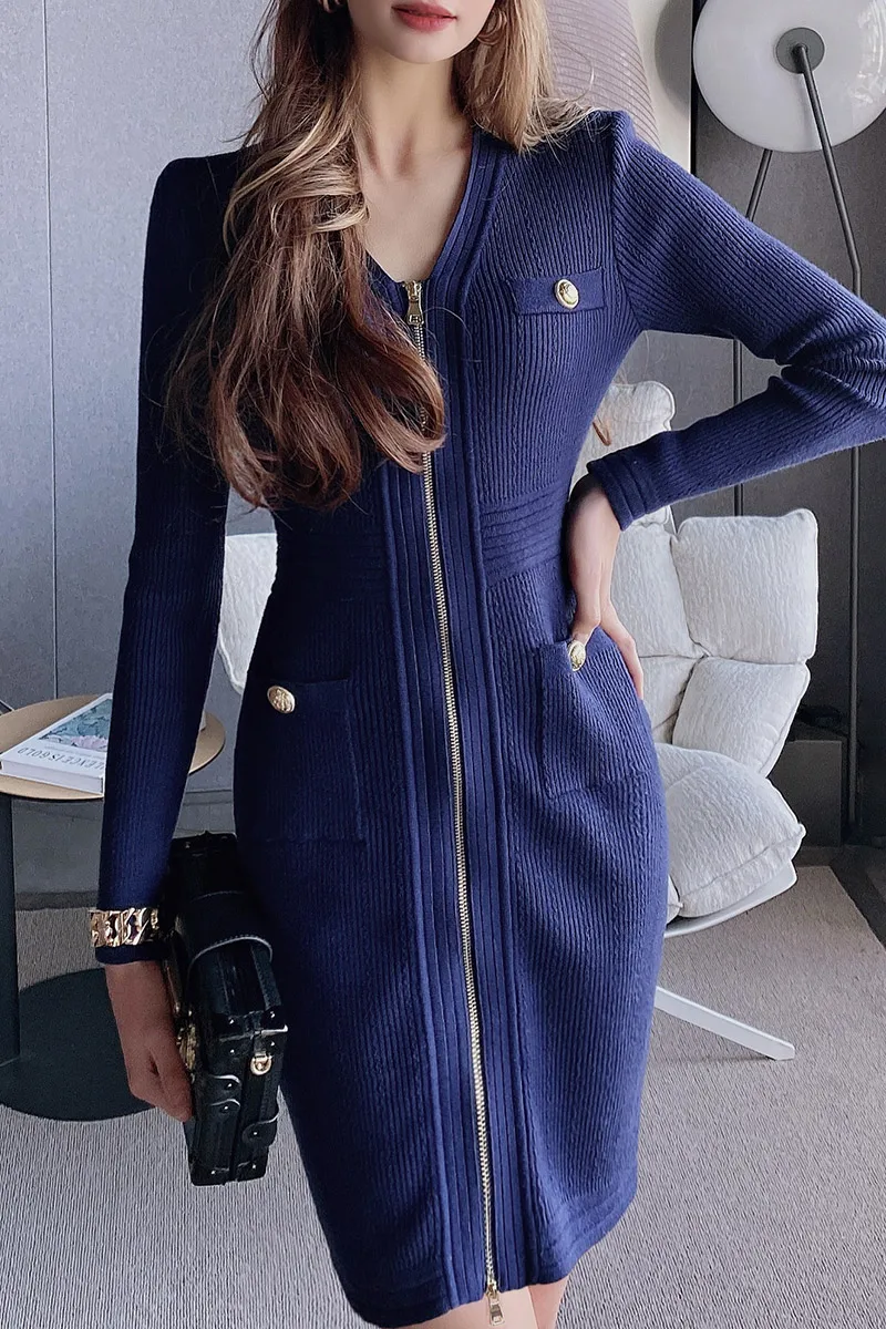 

Dabuwawa V-neck Slim Wrap Hip Dress zipper knit dress Spring DM1ADR024