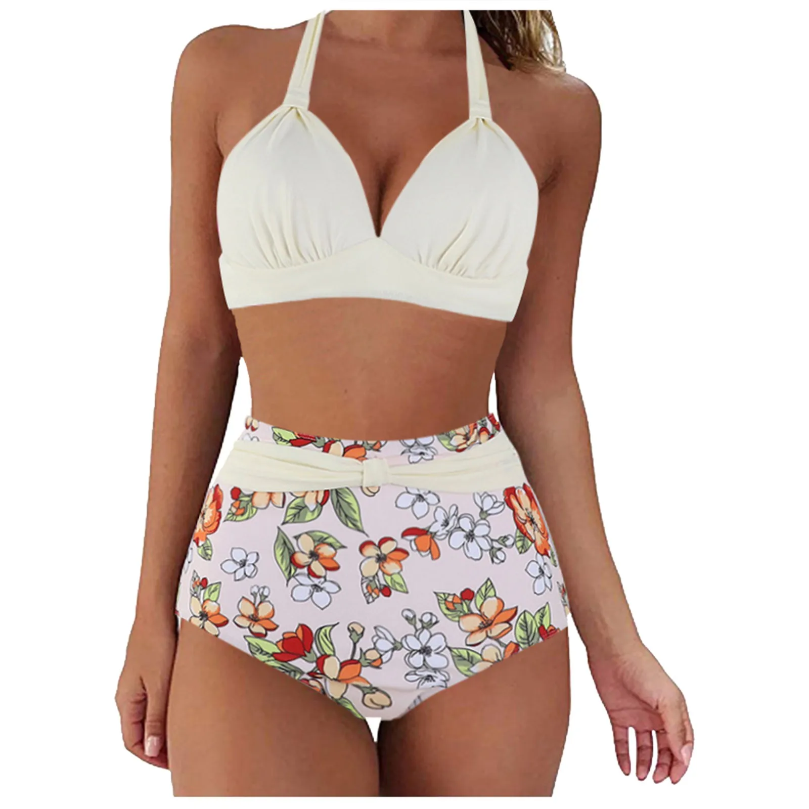 Floral Print Bikini Set Women Halter Ruched Wrap High Waist Swimwear Tops Shorts Swimsuit Bathing Suit 2 Piece Vintage Tankinis