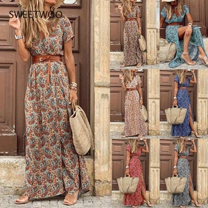 Women Bohemian Maxi Dress Summer Sexy V-Neck Short Sleeve Belted Long Dresses Ladies Fashion Beach Holiday Sundress