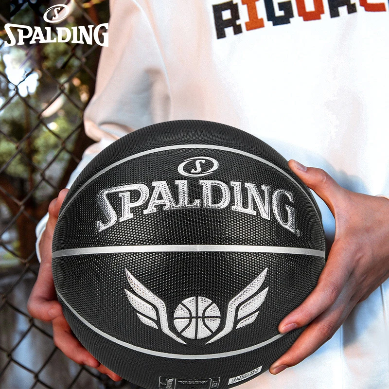 Spalding Black Silver Like Wings Basketball 77-166Y PU Wear Resistance Game Training Indoor Outdoor Ball Size 7