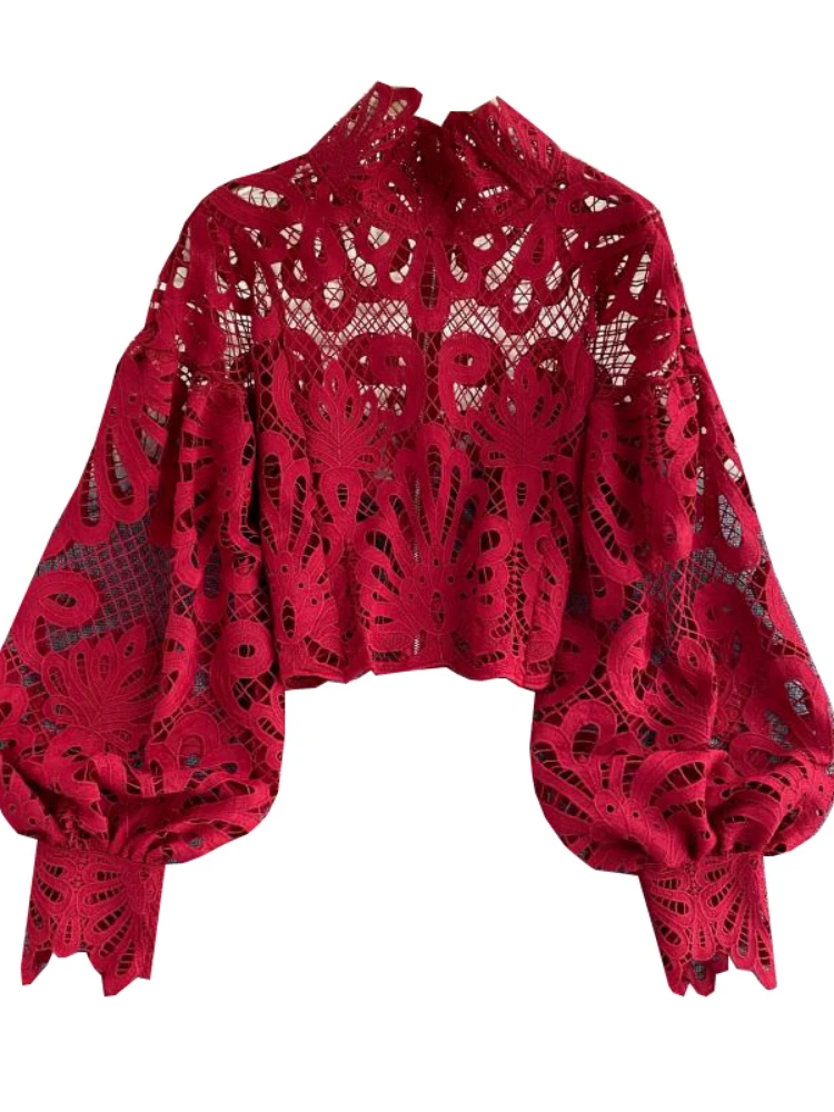 

Women Lace Hollow Out Short Blouse Casual Puff Long Sleeve Stand Collar Texode Shirt Female Elegant Tops