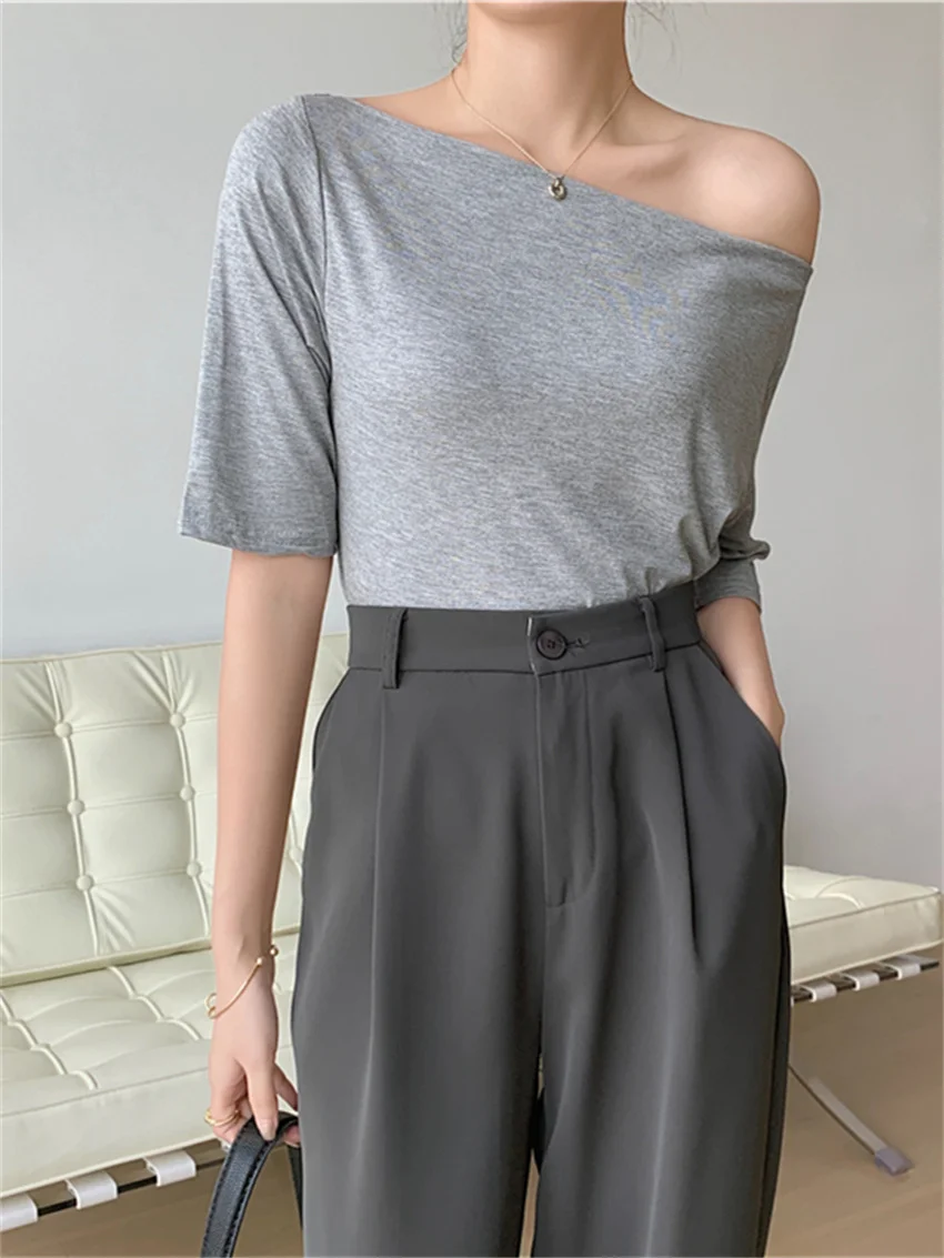 

HziriP Slash Neck Bottoming T-Shirts Half Sleeve Women Slim Chic Summer New Off Shoulders Fashion Casual Office Lady Tees
