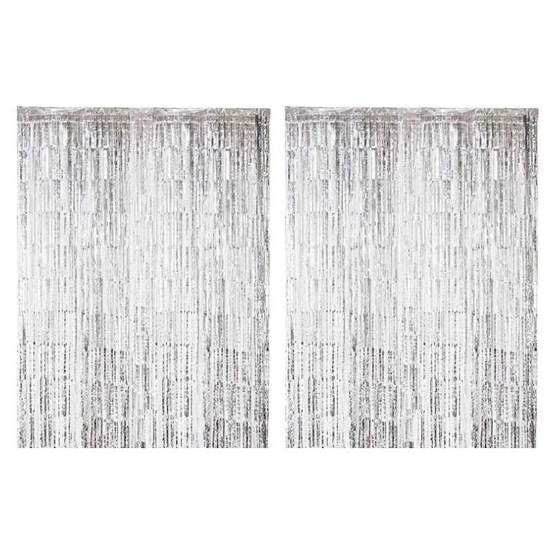 

3Pcs 1X3M Thick Rain Silk Curtain, Wedding Party Background Wall Decoration Rain Silk Curtain, Tassel Flower-Silver