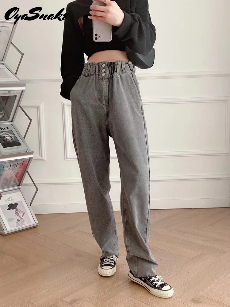 

Oyasnake Women Denim Pants Elastic High Waist Gray Button Zipper Pocket Casual Jeans High Street Spring New Straight Trousers