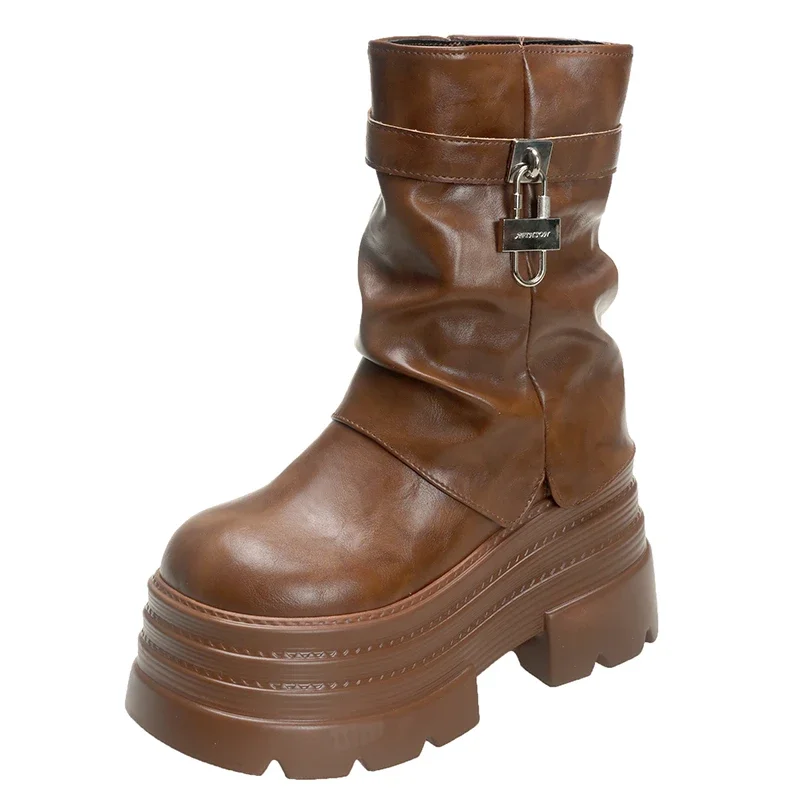 10CM Heels Women's Autumn Winter Leather Ankle Boots Chunky Platform Combat New Non Slip Motorcycle Shoes Woman Punk