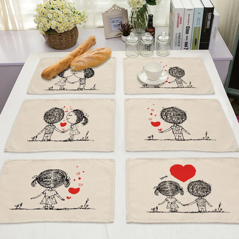 

32x42cm Love Couple Cotton Linen Dining Table Mat Cute Boy Girls Valentine's Day Kitchen Placemat Bowl Candlelight Dinner Room D
