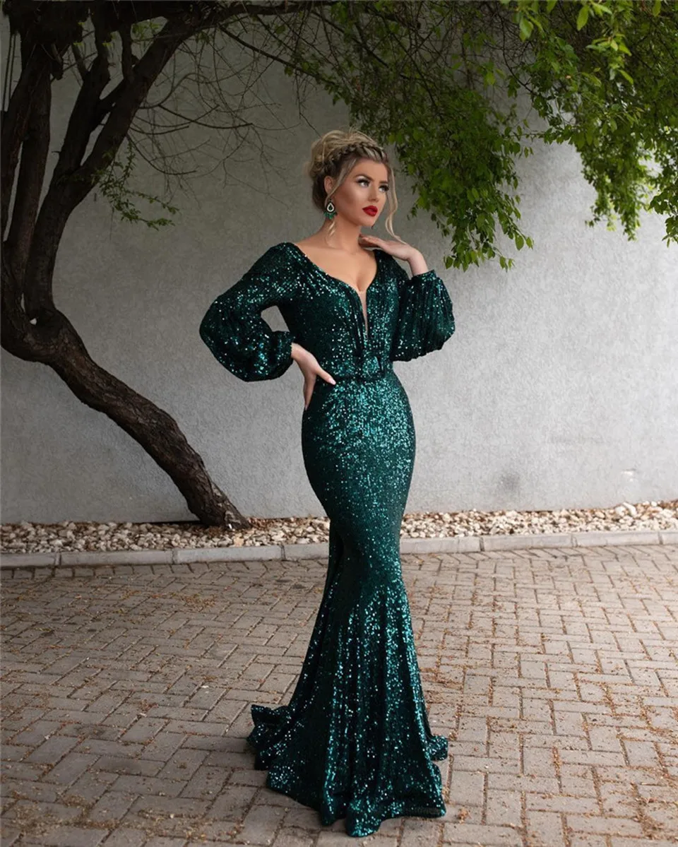 

2023 Green Mermaid Shiny Sequined Evening Dresses Women Formal Party Vestidos De Gala Elegant Long Robes De Soirée Prom Gowns