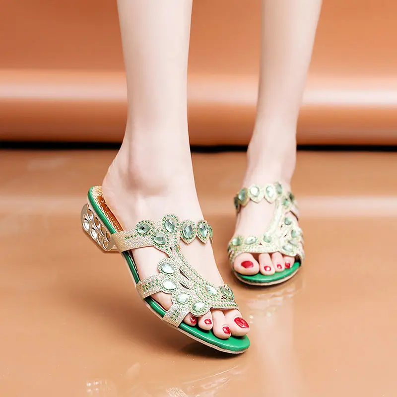 

women's summer sandals and slippers thick high heel slippers luxury design middle heel rhinestone sandals peep toe slipper