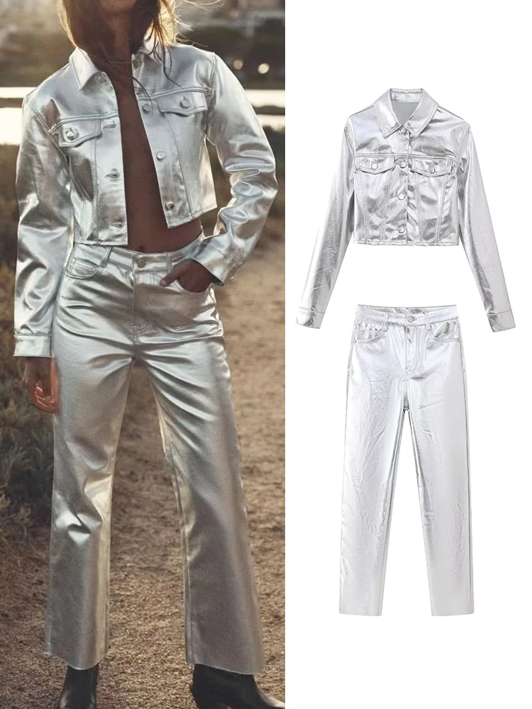 

TRAF Fashion Women Shiny Jacket Pant Sets 2023 Autumn Vintage Chil Solid Single Breasted Tops & Zipper Straight Trousers Sets