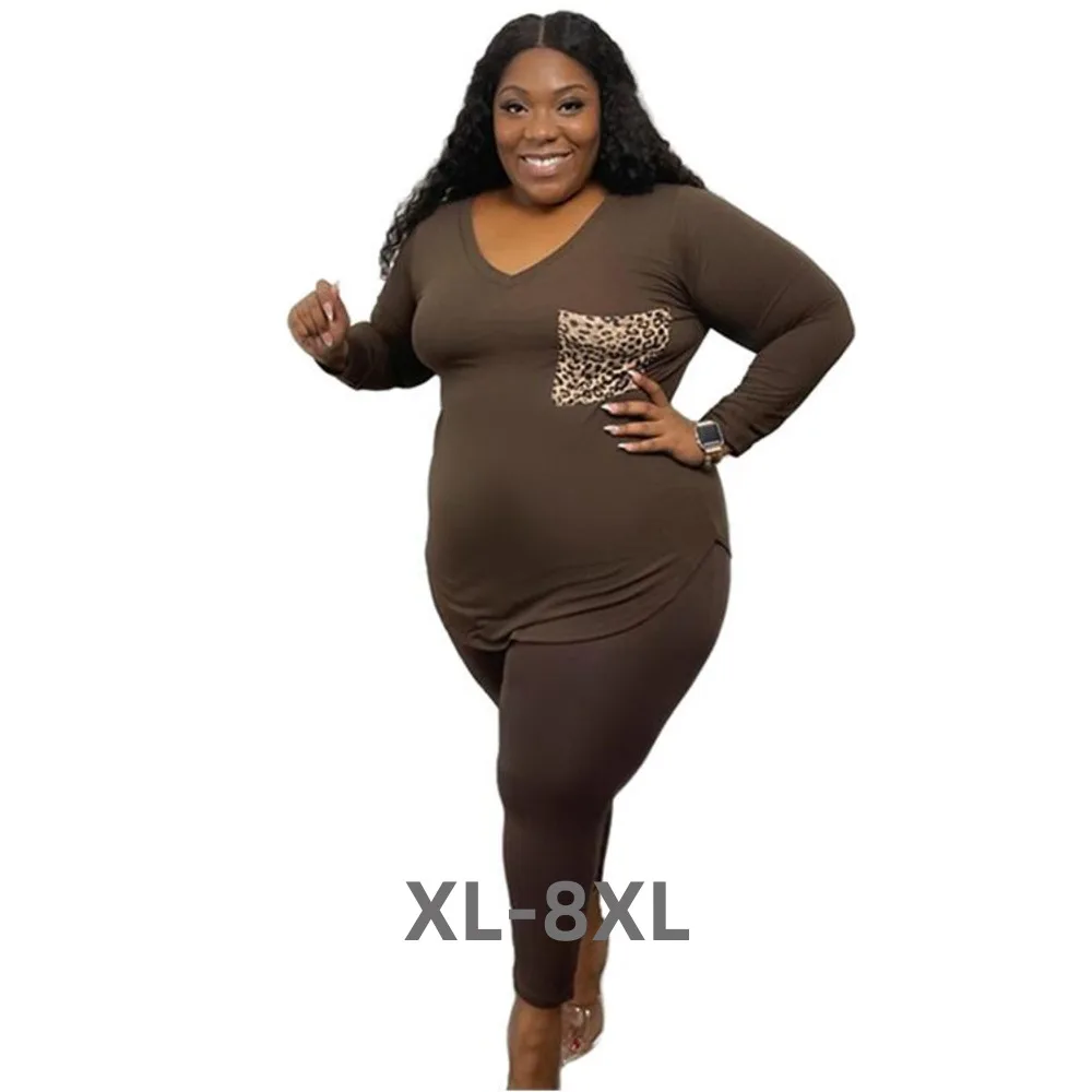 Plus Size Women Clothing Fashion 5xl Long Sleeve Top and Pants Leopard Loungewear Knit Two Piece Set Wholesal 3xl 4xl 5xl 6xl