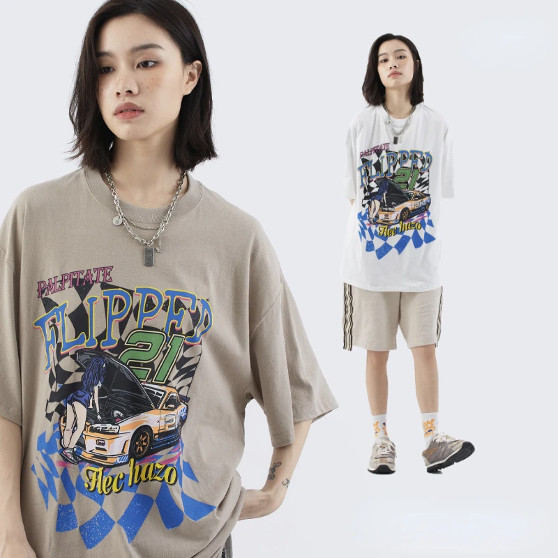 

2022 Summer Oversize T-shirt Women Cotton Racing Printed Short Sleeve Plus Size T-shirt Gray White Tops