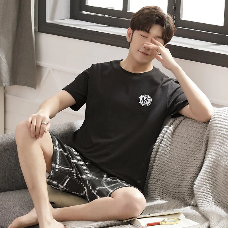 Korean Fashion Homewear 2 Pieces Set Men's Cotton Pajamas Set Man Nightwear Home Clothes Male Sleeping Tops Shorts pyjama