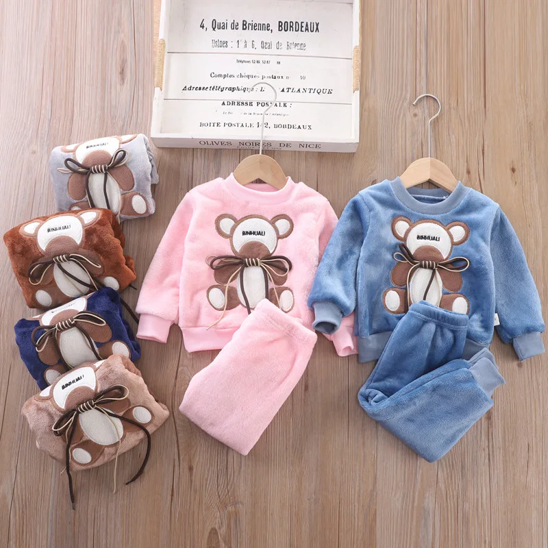 

Baby Boy Girl Clothes AutumnWinter Pajamas Set Thick flannel Toddler Child Warm cartoon Bear Sleepwear Kids Home Suit 0-5y