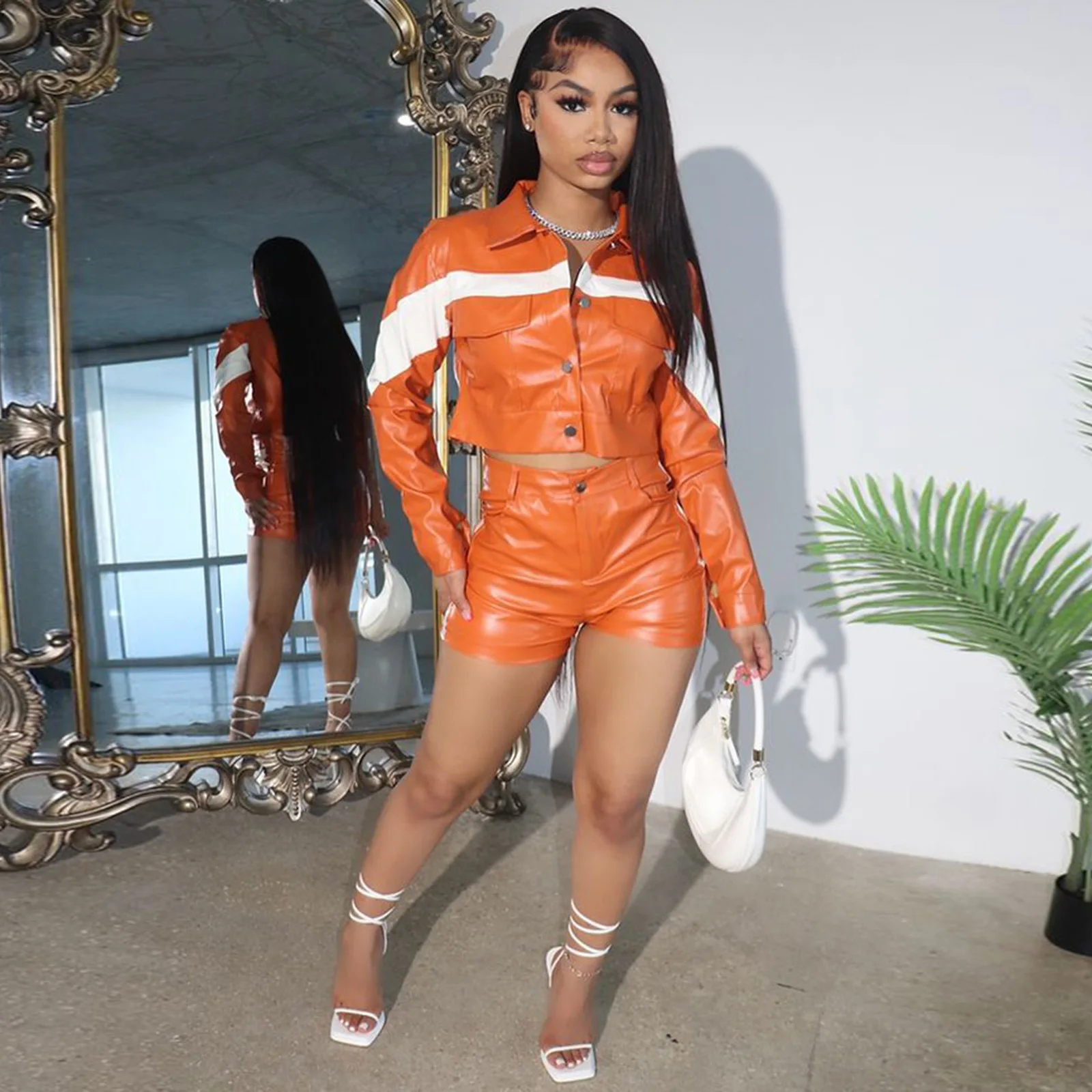 

Faux Leather Women's Set Long Sleeve Tops and Shorts Suit 2023 Fashion Two 2 Piece Set Outfit Tracksuit