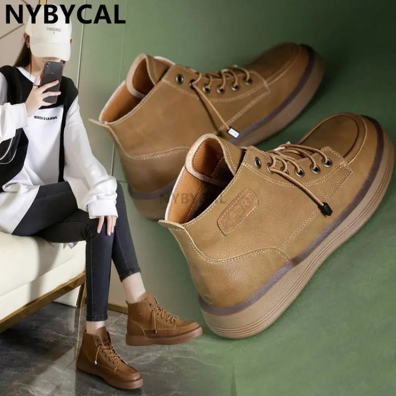 High Top Luxury Designer Women's Sneakers Genuine Cow Leather High Top Ladies Student Retro Fashion Flat Shoes New Handmade 40