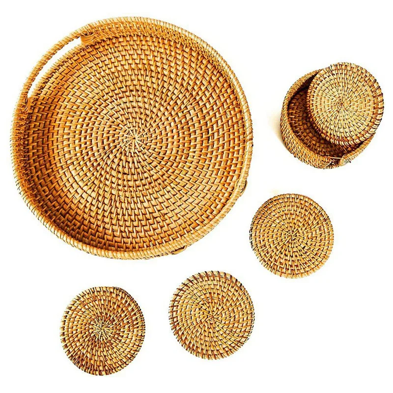 

Round Rattan Tray,Wicker Tray With 6 Rattan Coasters,Home Decor Tray For Breakfast And Coffee Tables,Fruit Basket Tray