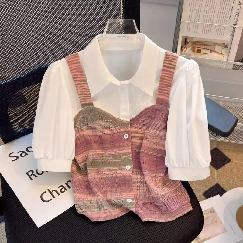 Новинка лета усовершенствованная имитация двух частей Вязаные Рубашки на