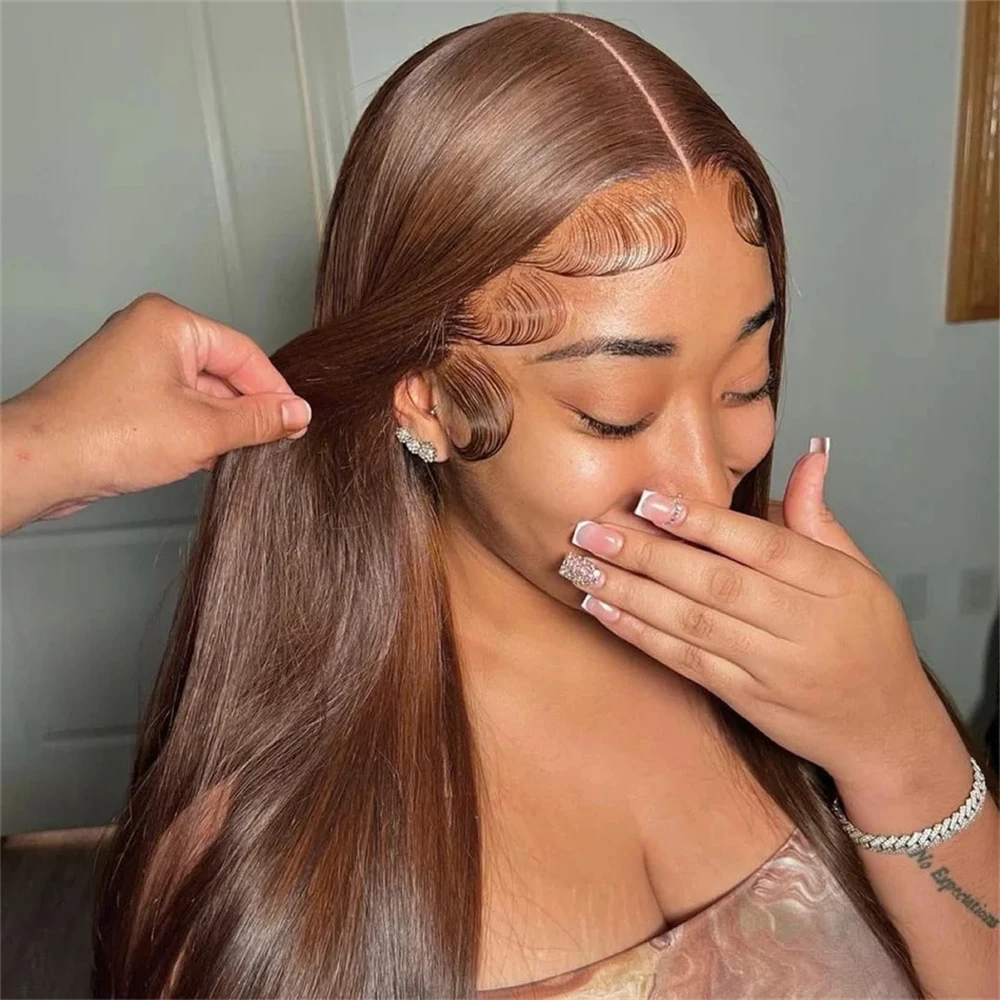 Темно-коричневый Полноразмерный Парик Фронта Шнурка 13x4 Прозрачные Прямые Волосы