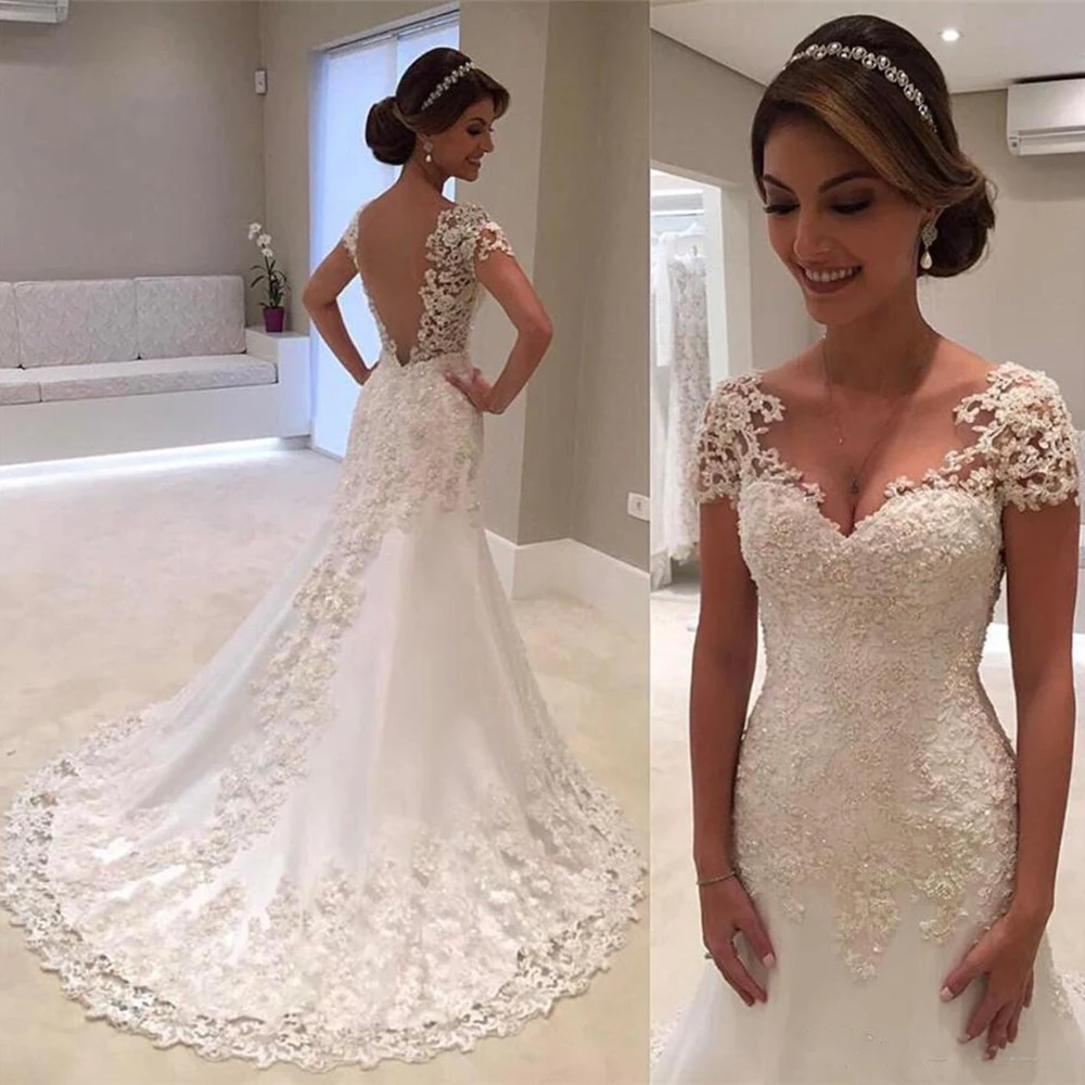

V-neck Appliqued Lace Illusion Back Bridal Dress Formal Gown For Brides Cap Sleeve Mermaid Wedding Dresses Gowns Count Train