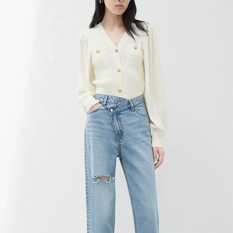 Вязаный топ во французском стиле разумный дизайн кардиган с пышными рукавами