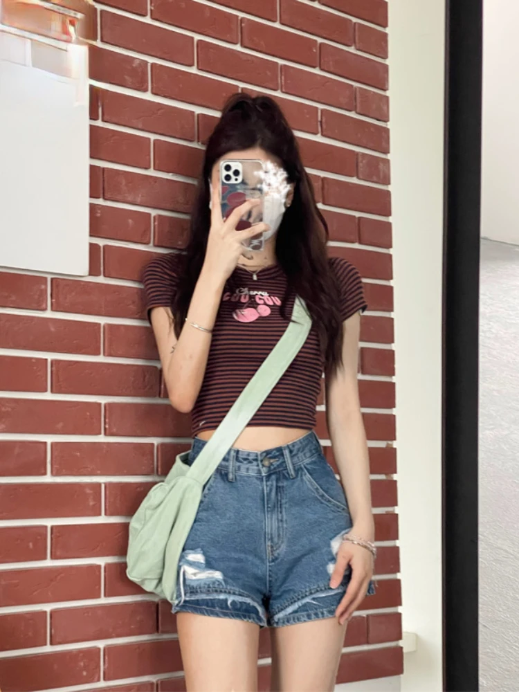 Лидер продаж милая школьная блузка с коротким рукавом в полоску |