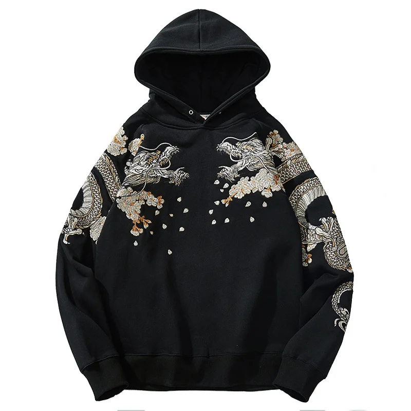 2022 New Arrival Top Fashion Full Cotton Animal Short Hooded None Hoodies Embroidery Dragon Men's Fleece Hoodie Chinese Style