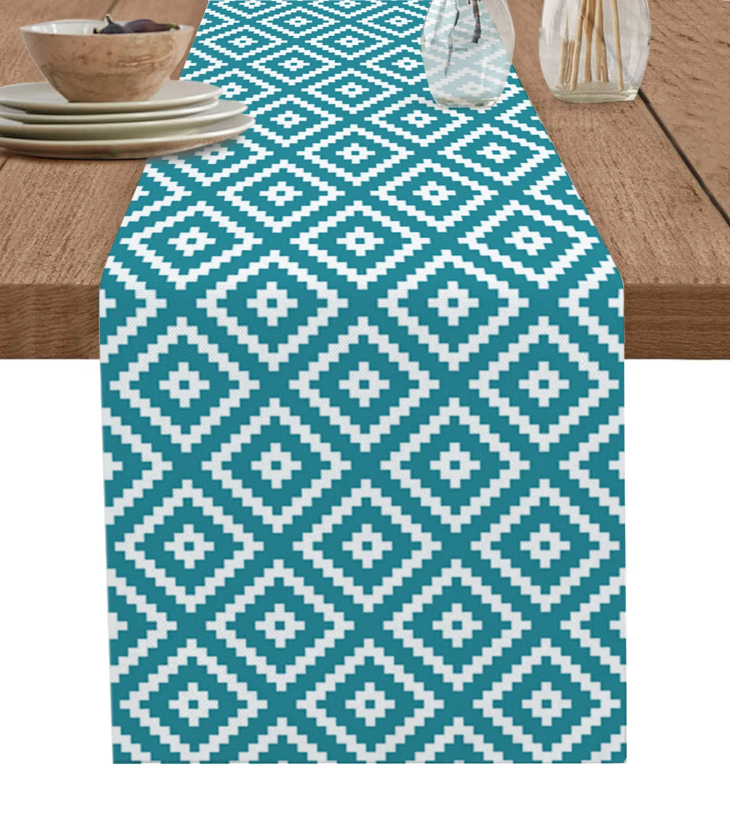 

Geometric Square Texture Blue Table Runner for Dining Table Wedding Decor Tablecloth Home Party Decor Table Mats
