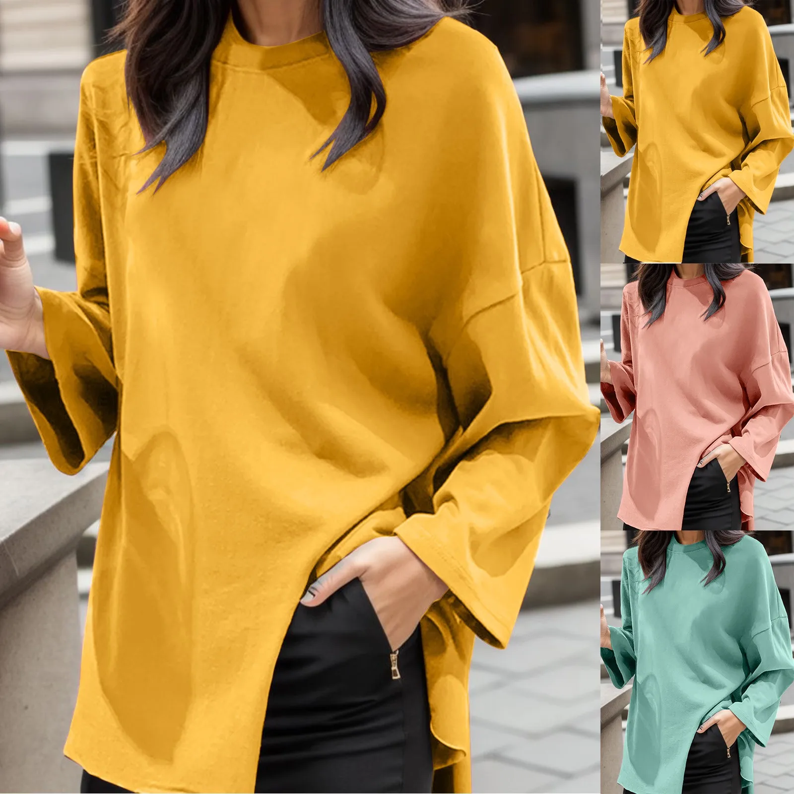 Autumn Fashion Side Slits Women Blouse Korean O Neck Long Sleeves Baggy Shirts Plus Size Teens Y2k Streetwear ropa para mujer