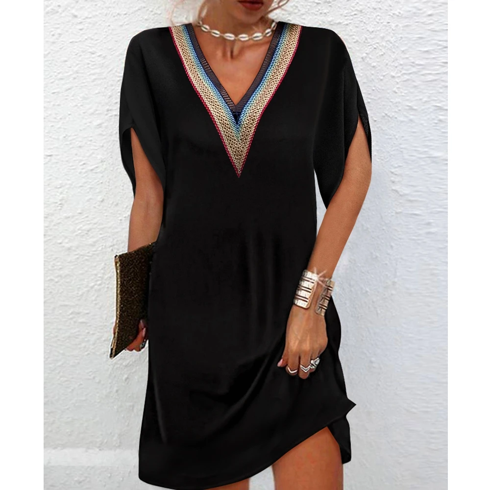 

Повседневное летнее платье Wepbel, однотонное черное кружевное мини-платье с V-образным вырезом, женское свободное лоскутное модное свободное платье с коротким рукавом