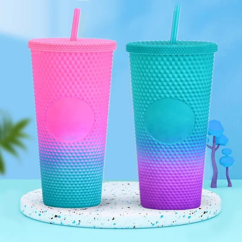 

2023 710ml Coffee Cup Plastic Studded Tumbler Cups Double Layer Straw Cup With Straw Drinkware Large Capacity Water Cup Mugs